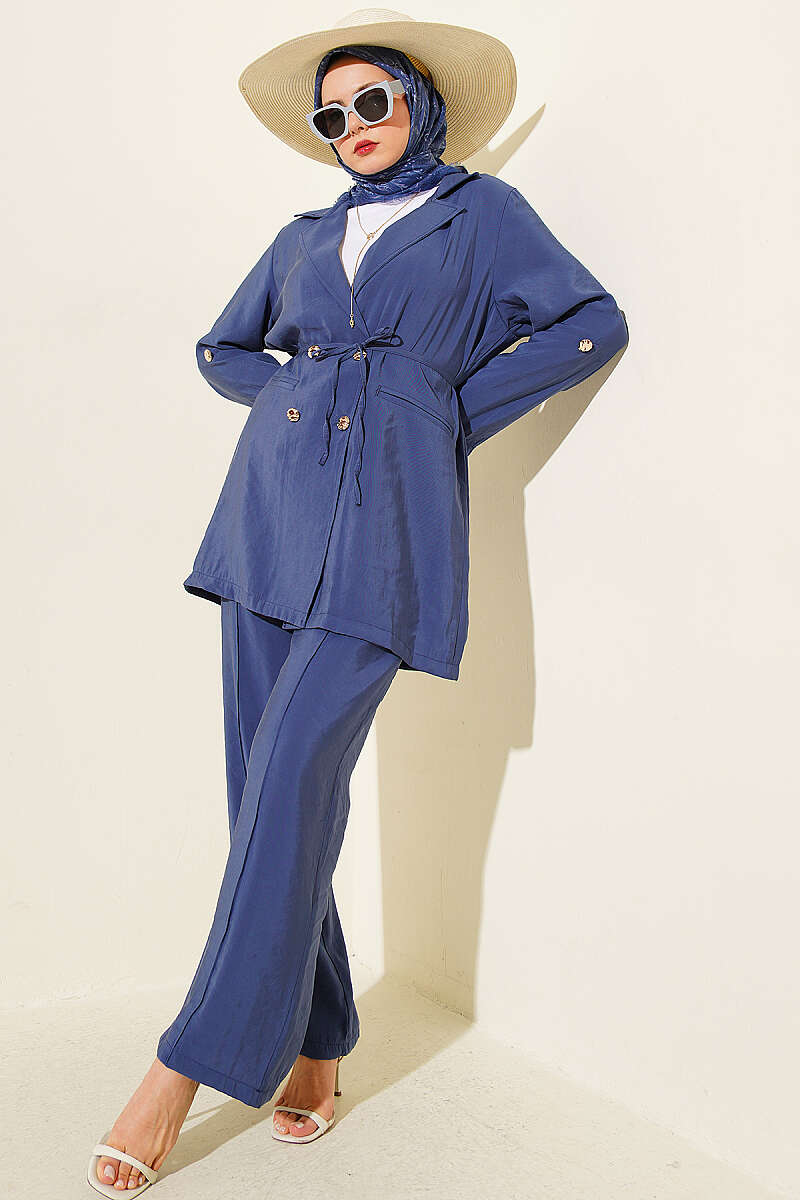 Double-Breasted Modal Set with Gold Buttons - Indigo