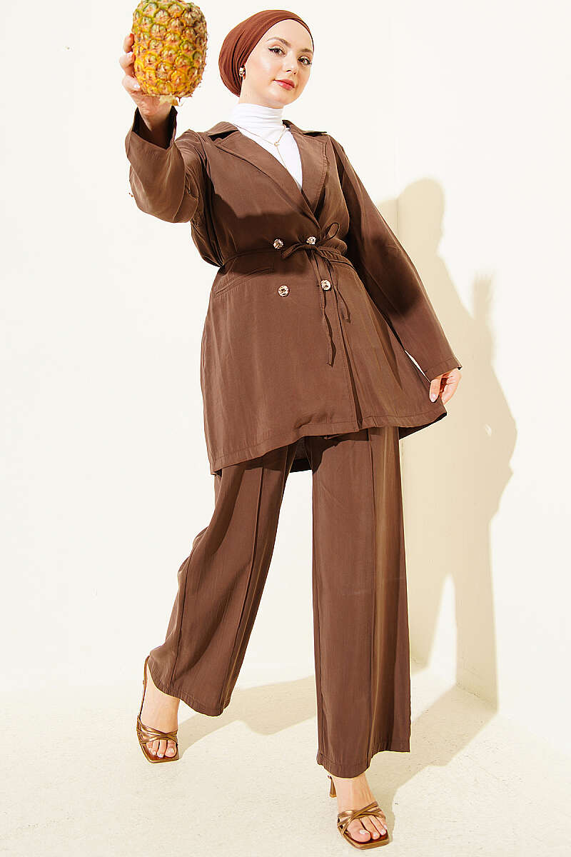 Double-Breasted Modal Set with Gold Buttons - Brown