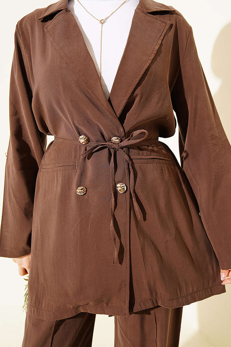 Double-Breasted Modal Set with Gold Buttons - Brown