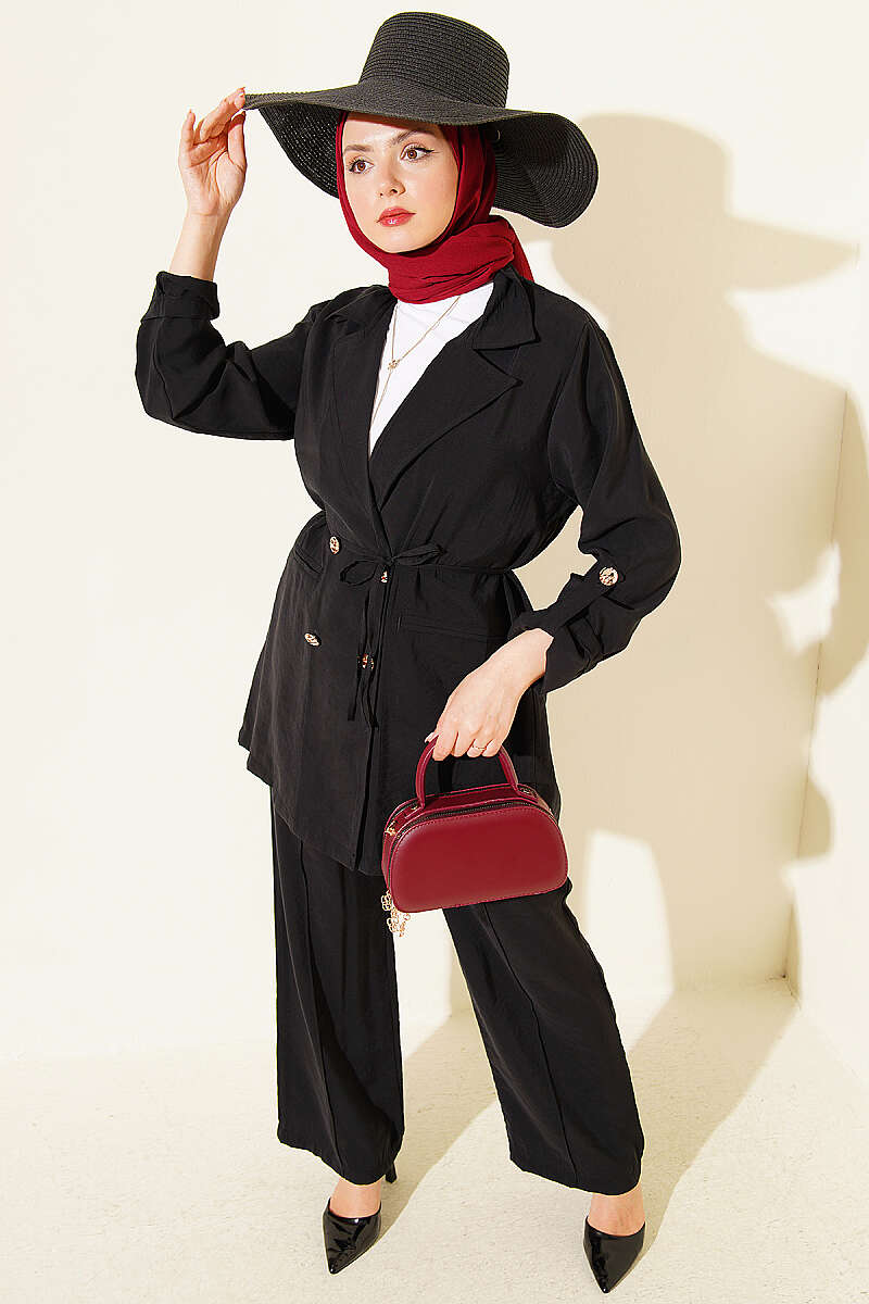 Double-Breasted Modal Set with Gold Buttons - Black