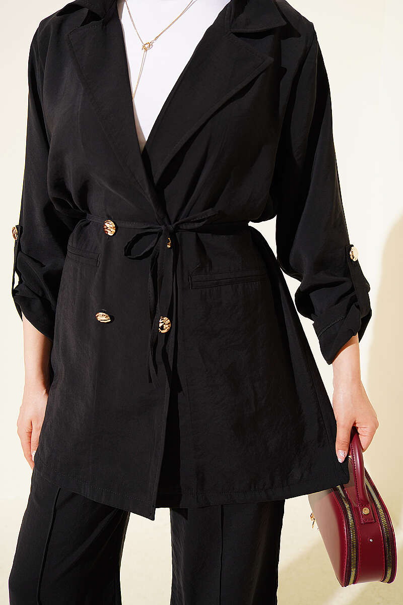 Double-Breasted Modal Set with Gold Buttons - Black