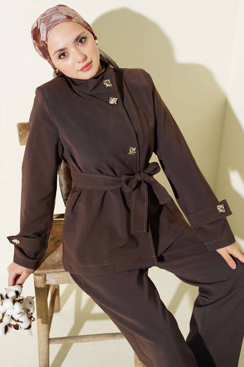Belted Two-Piece Set with Gold Buttons - Brown