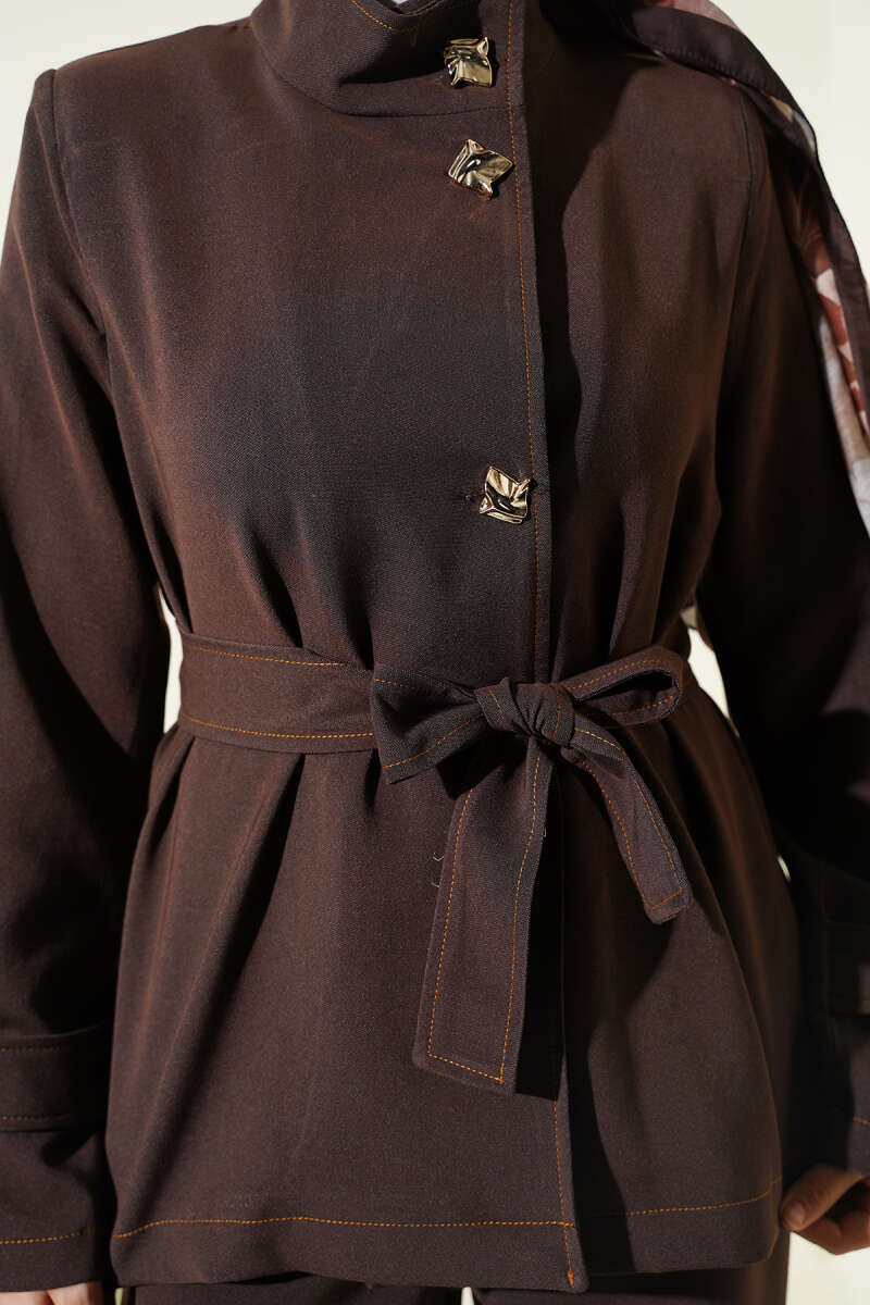 Belted Two-Piece Set with Gold Buttons - Brown