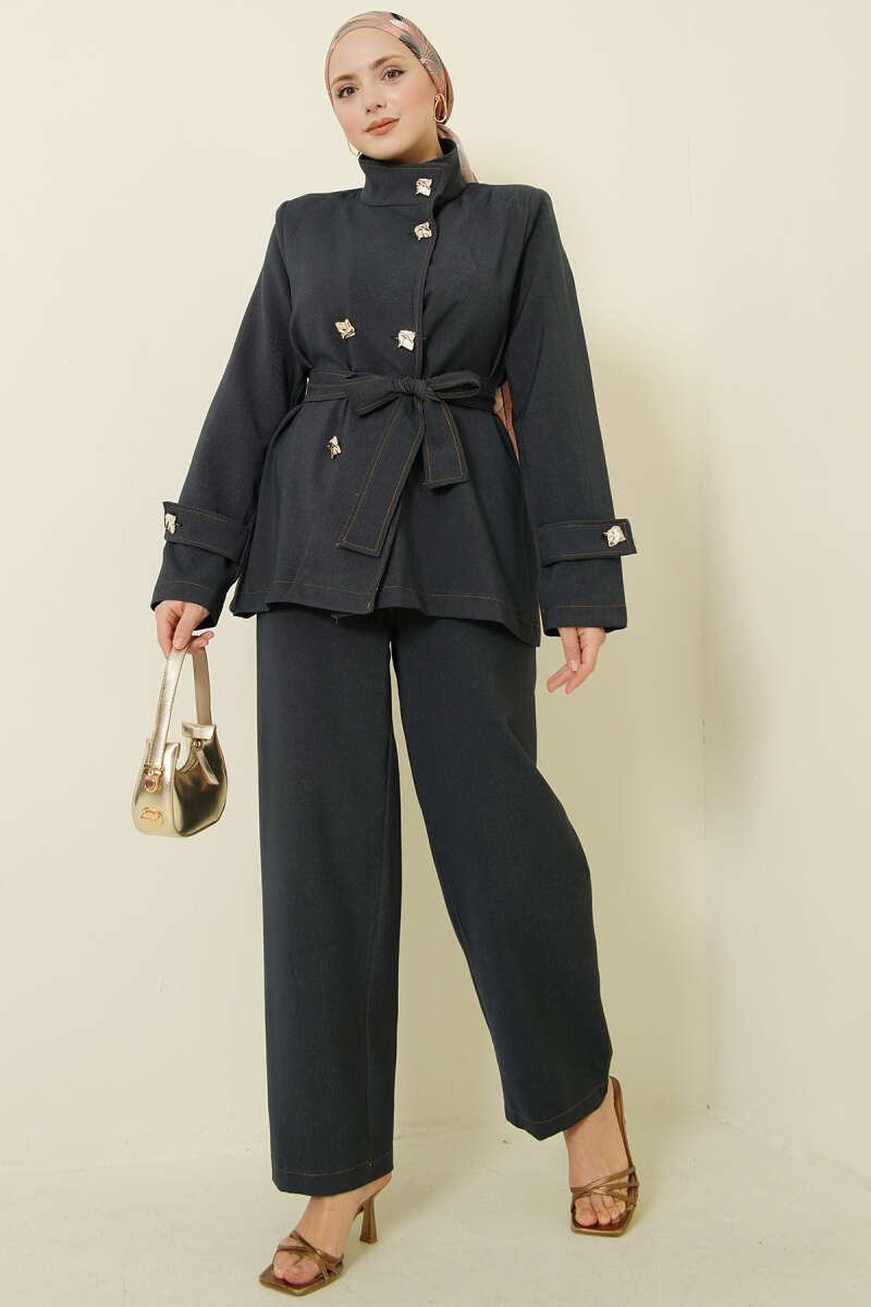 Belted Two-Piece Set with Gold Buttons - Navy