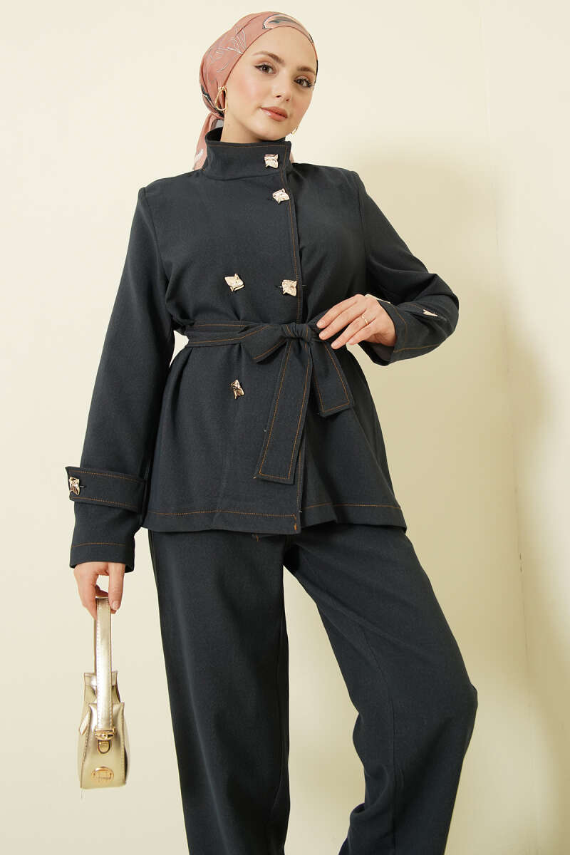 Belted Two-Piece Set with Gold Buttons - Navy