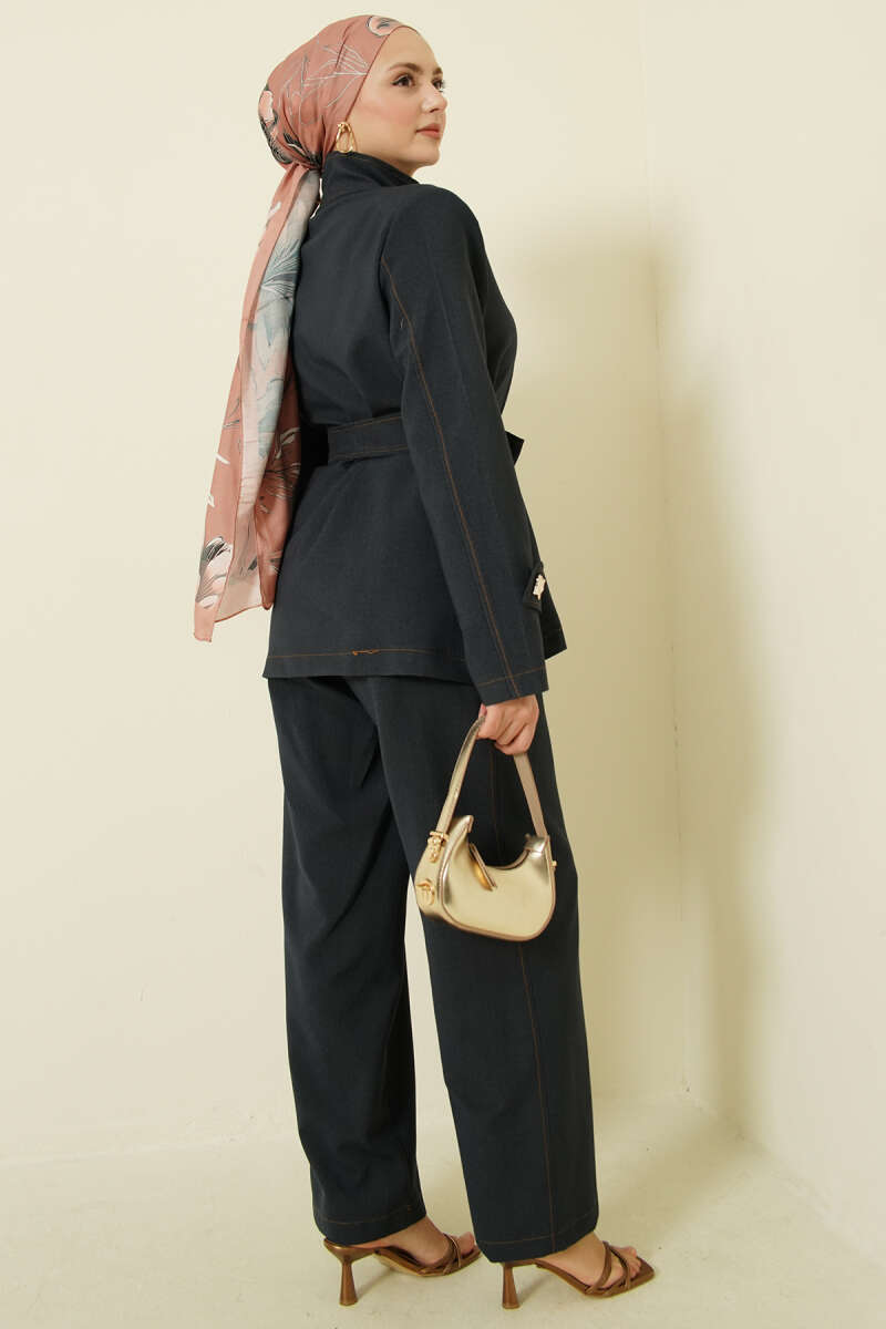 Belted Two-Piece Set with Gold Buttons - Navy