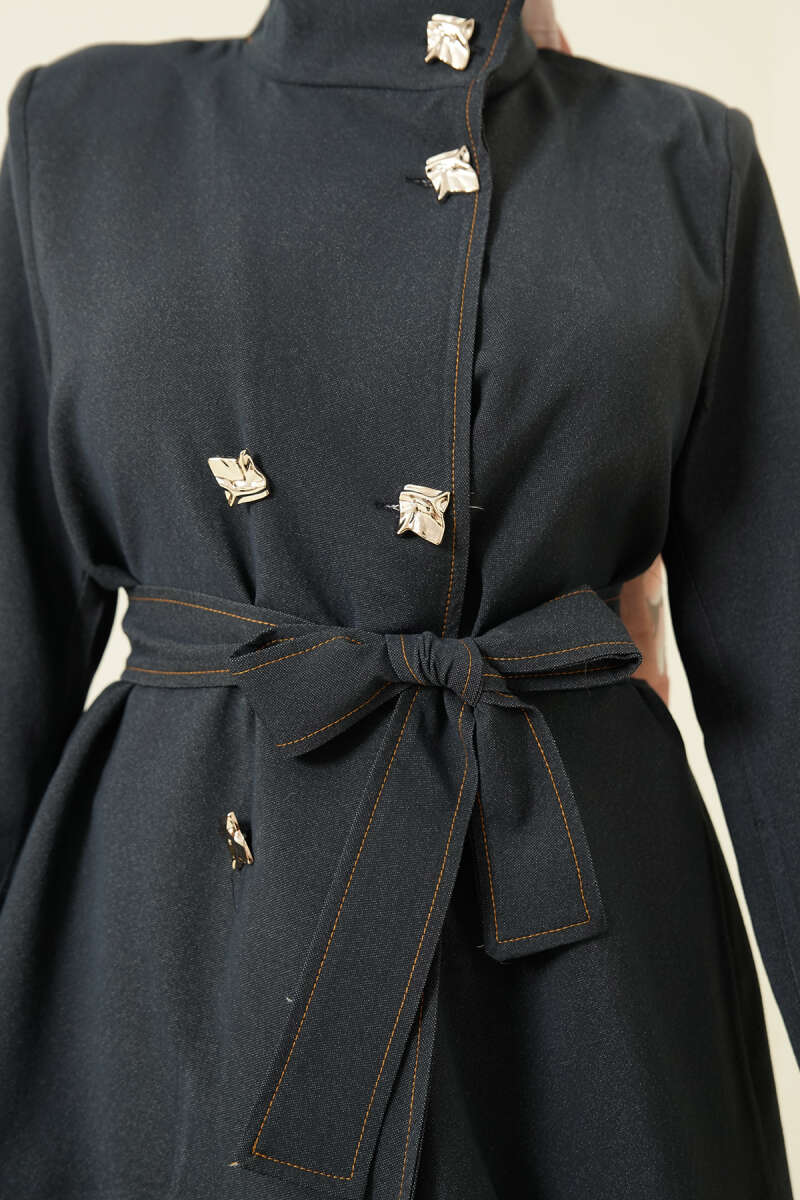 Belted Two-Piece Set with Gold Buttons - Navy