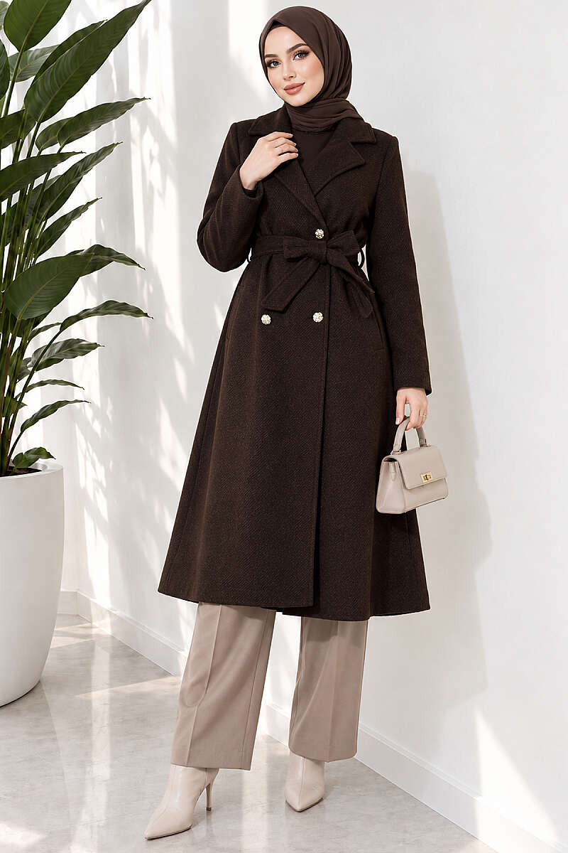 Belted Felt Coat with Gold Buttons - Dark Brown