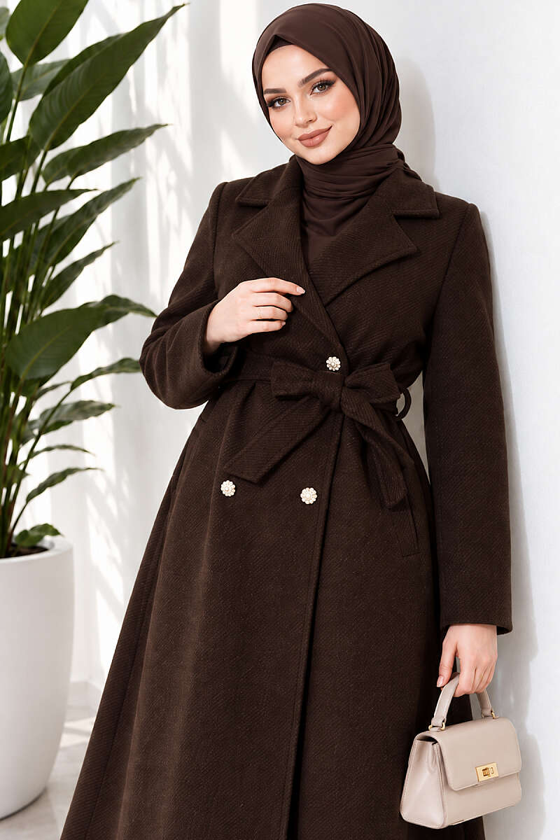Belted Felt Coat with Gold Buttons - Dark Brown