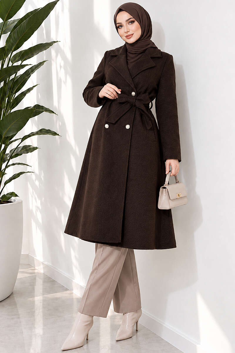 Belted Felt Coat with Gold Buttons - Dark Brown