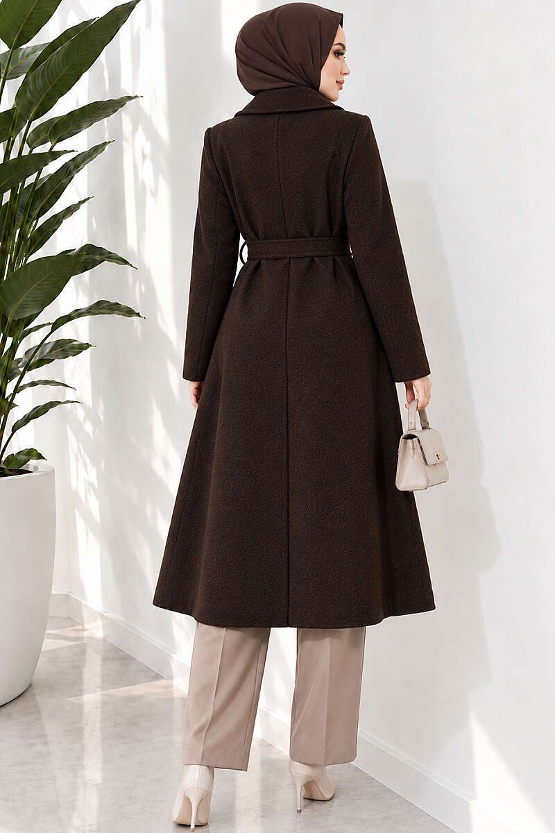 Belted Felt Coat with Gold Buttons - Dark Brown