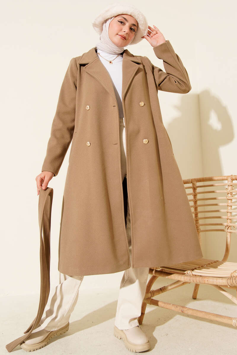 Belted Felt Coat with Gold Buttons - Beige