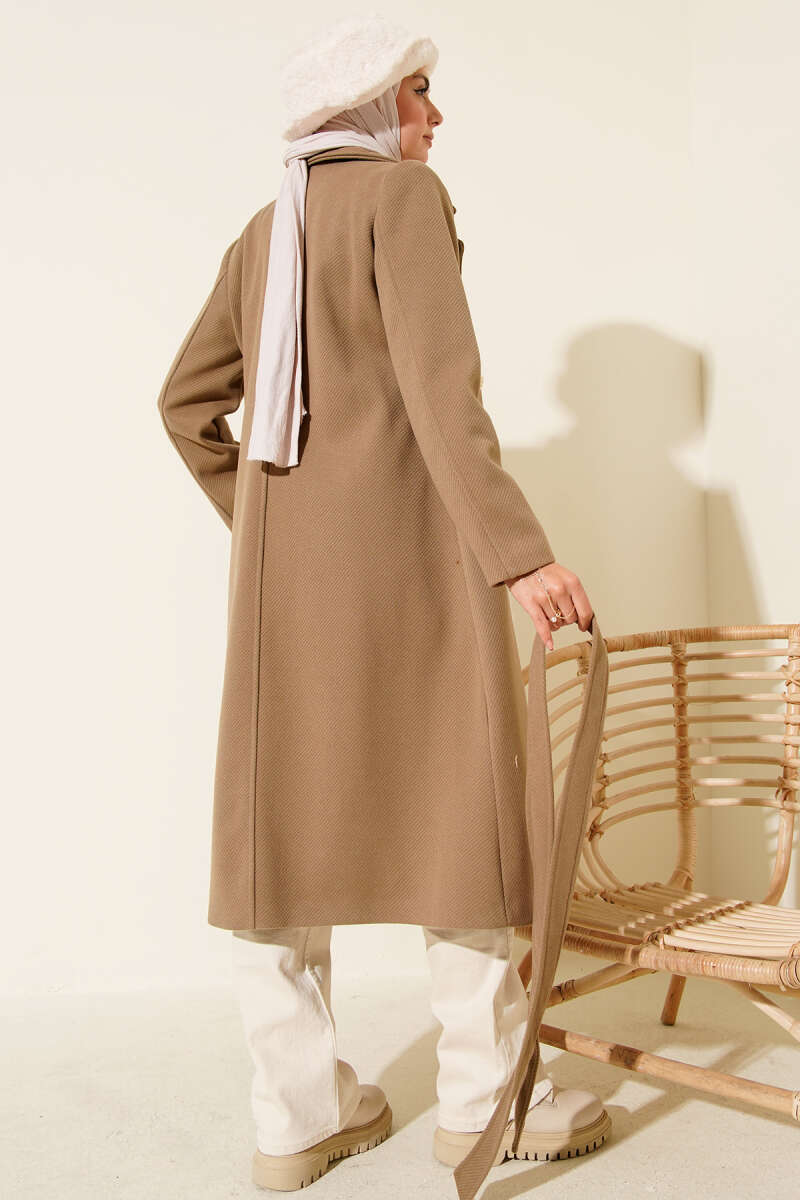 Belted Felt Coat with Gold Buttons - Beige
