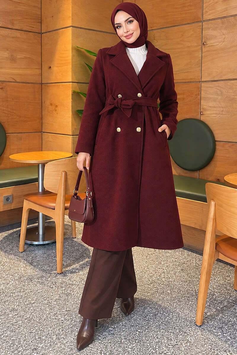 Belted Felt Coat with Gold Buttons - Burgundy