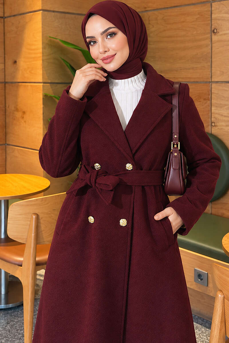 Belted Felt Coat with Gold Buttons - Burgundy