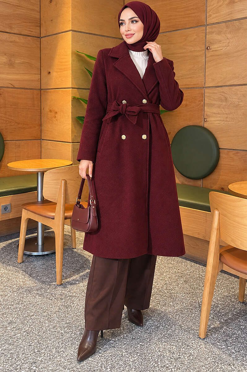 Belted Felt Coat with Gold Buttons - Burgundy