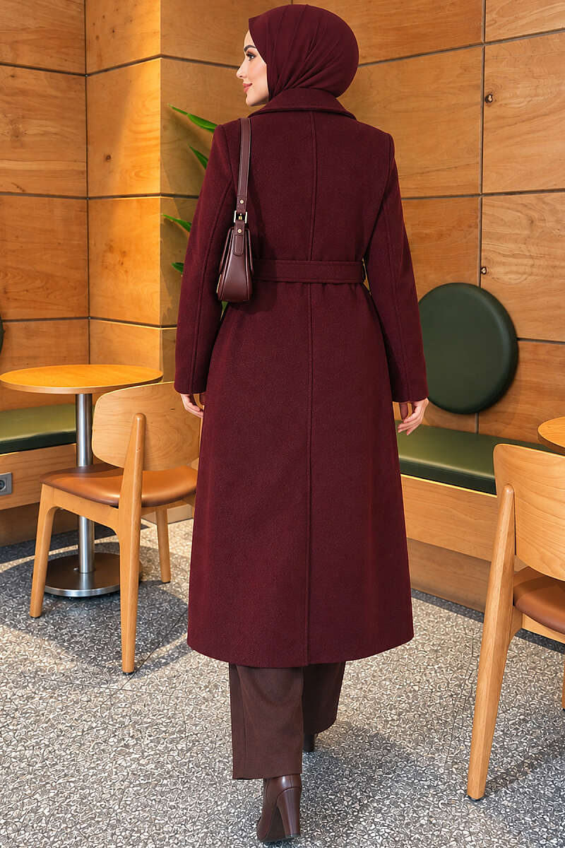 Belted Felt Coat with Gold Buttons - Burgundy
