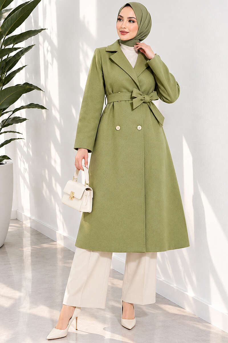 Belted Felt Coat with Gold Buttons - Almond Green