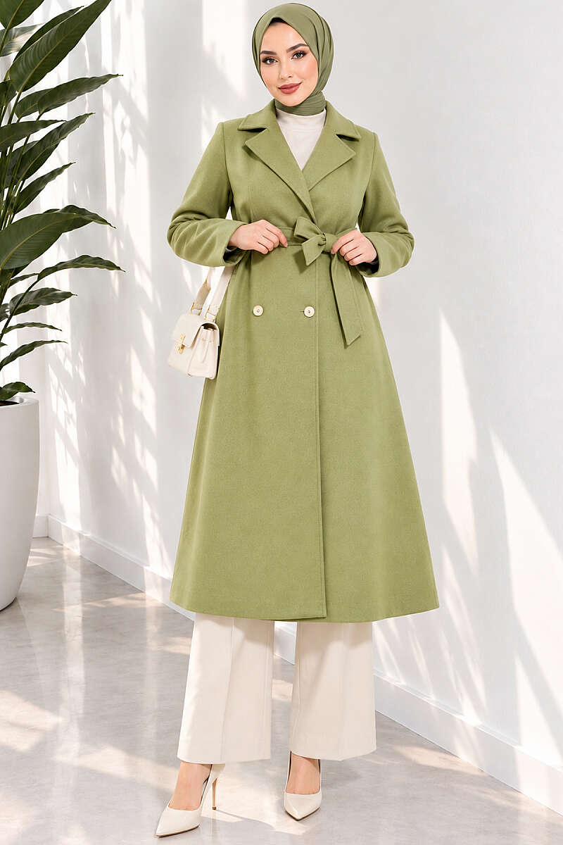 Belted Felt Coat with Gold Buttons - Almond Green