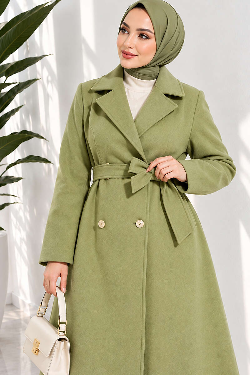 Belted Felt Coat with Gold Buttons - Almond Green