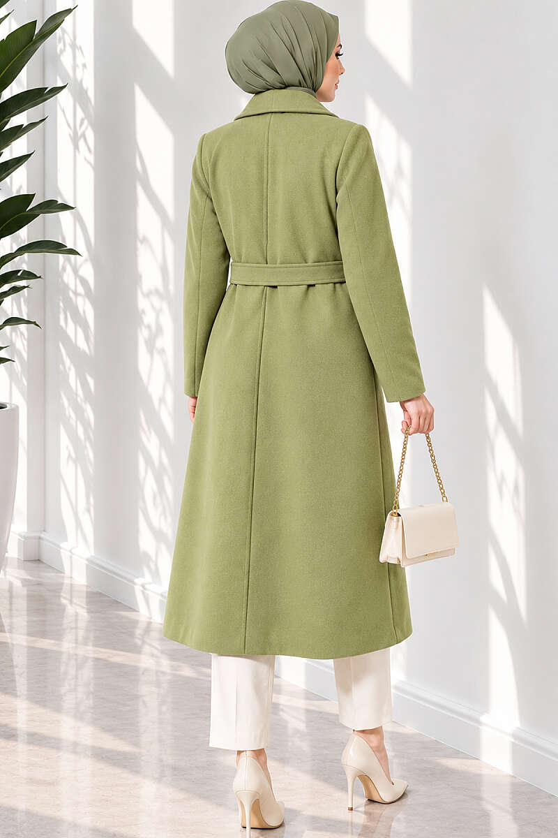 Belted Felt Coat with Gold Buttons - Almond Green