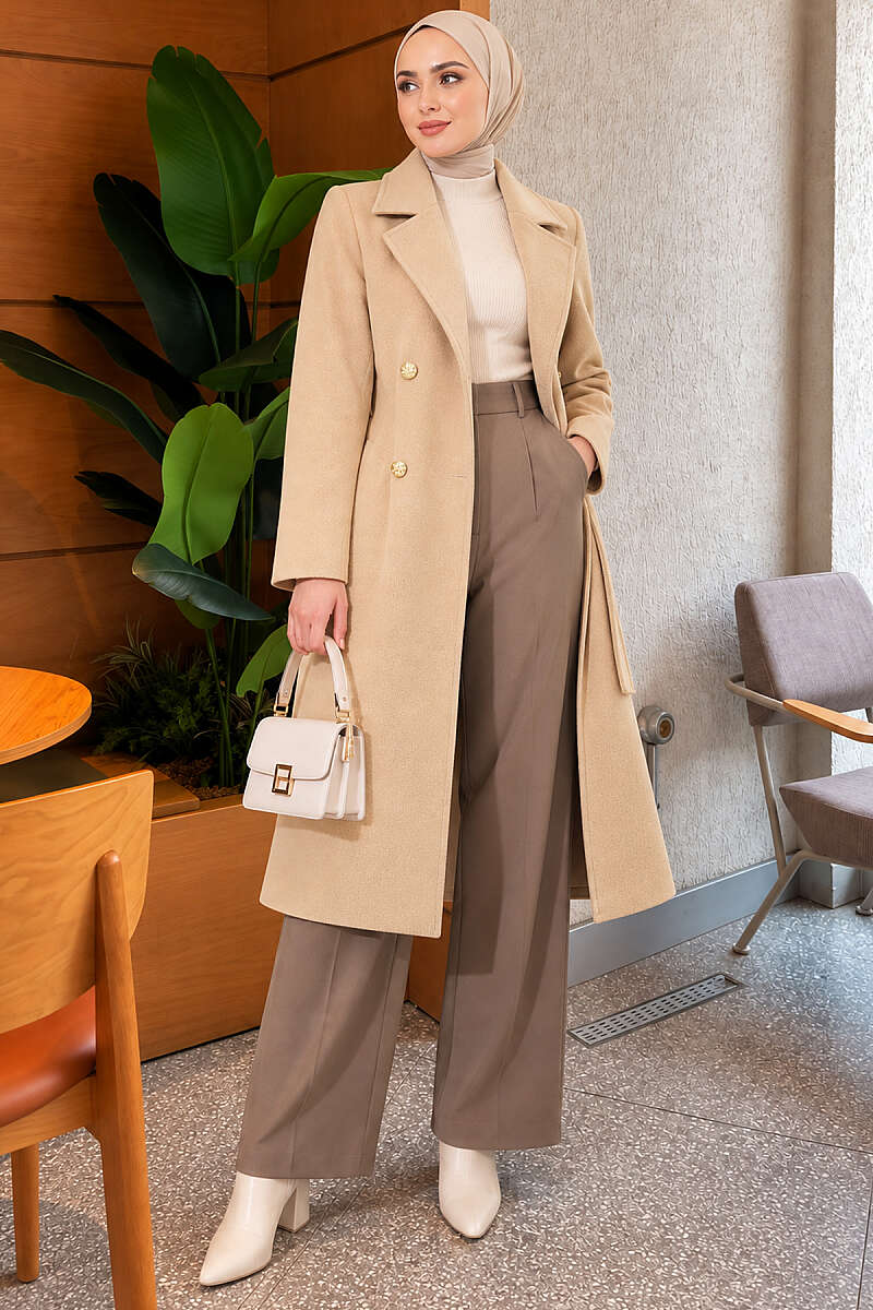 Belted Felt Coat with Gold Buttons - Camel