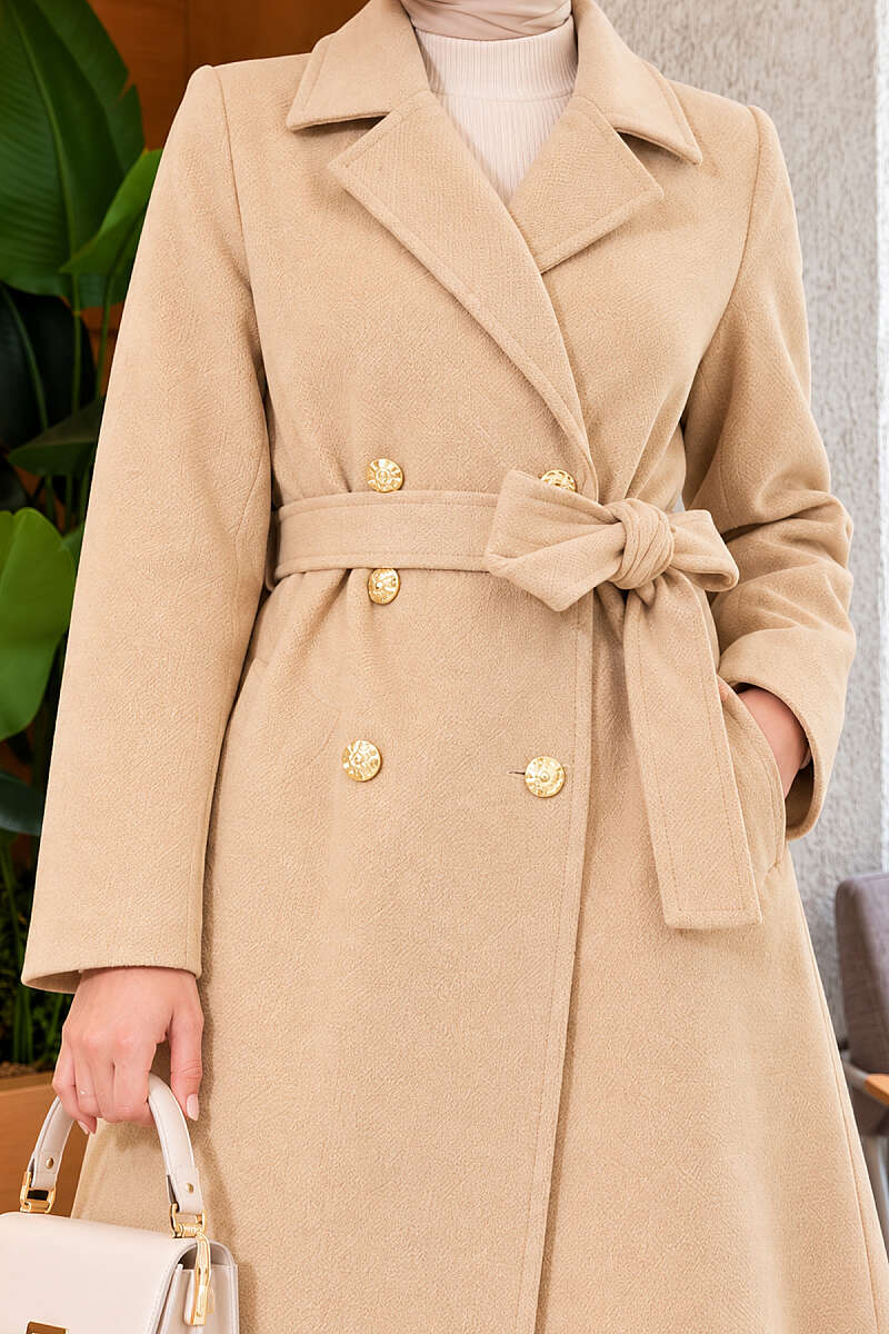 Belted Felt Coat with Gold Buttons - Camel