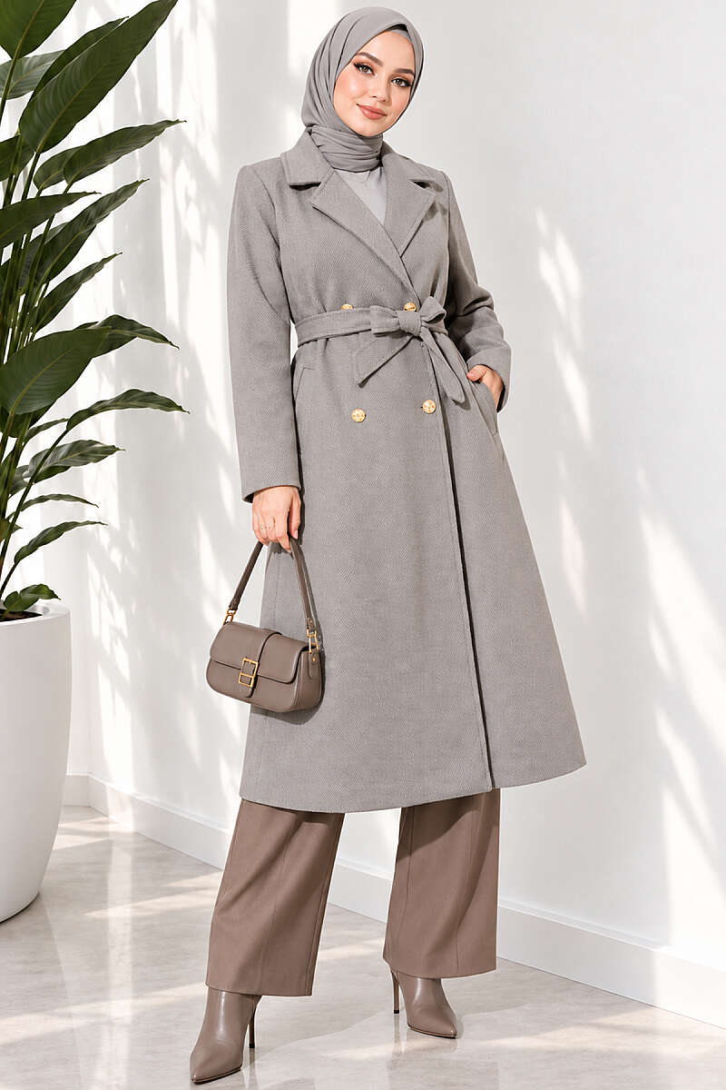 Belted Felt Coat with Gold Buttons - Grey