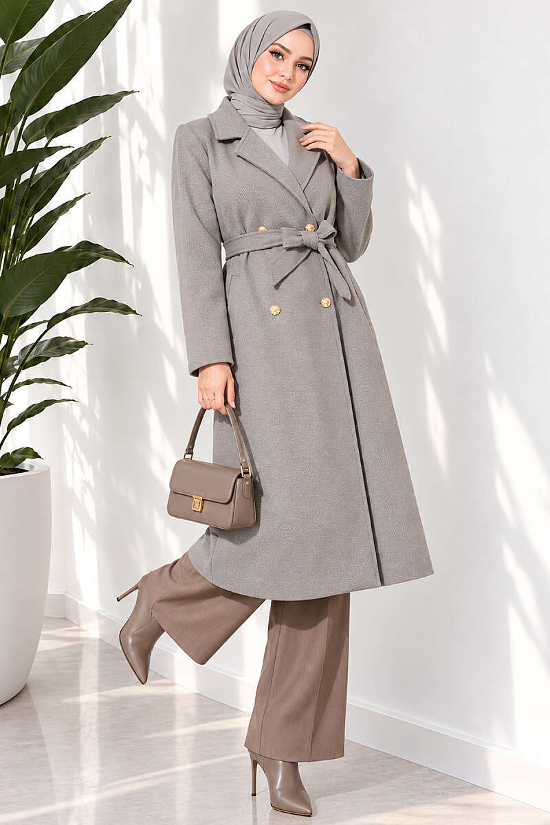 Belted Felt Coat with Gold Buttons - Grey