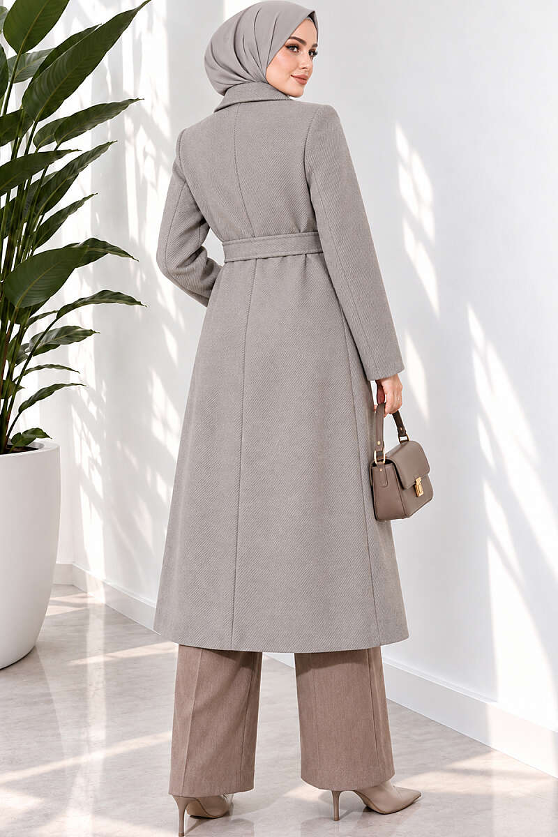 Belted Felt Coat with Gold Buttons - Grey