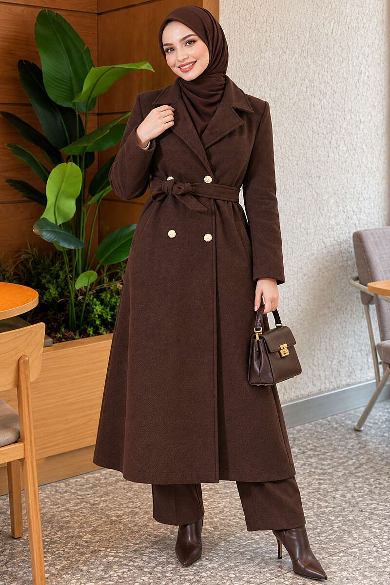 Belted Felt Coat with Gold Buttons - Brown