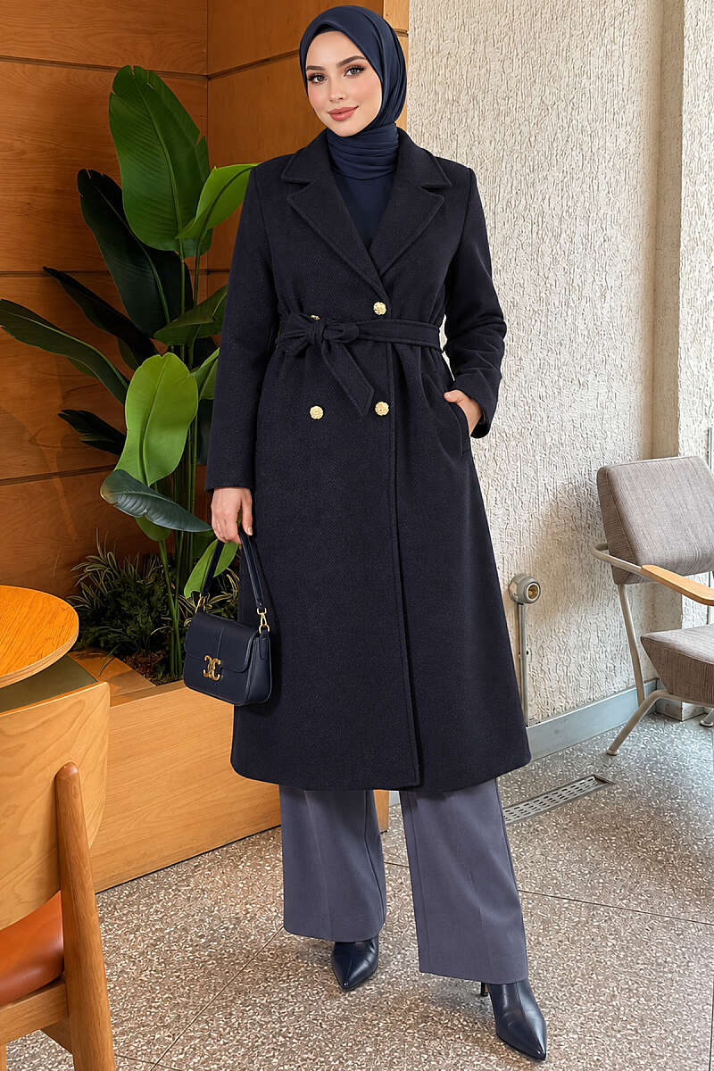 Belted Felt Coat with Gold Buttons - Navy