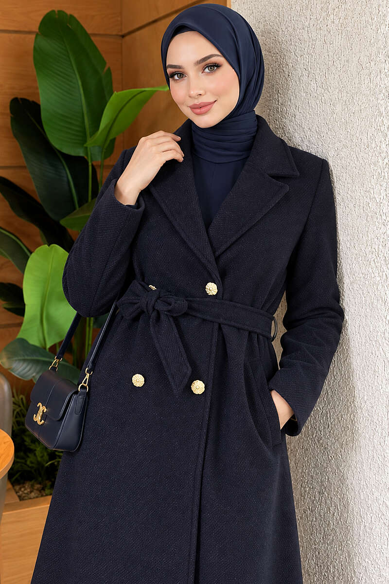 Belted Felt Coat with Gold Buttons - Navy