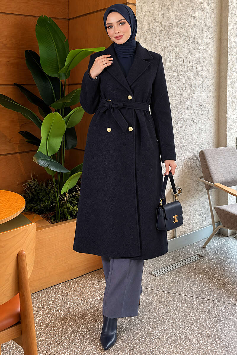 Belted Felt Coat with Gold Buttons - Navy