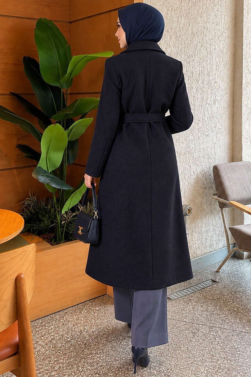Belted Felt Coat with Gold Buttons - Navy