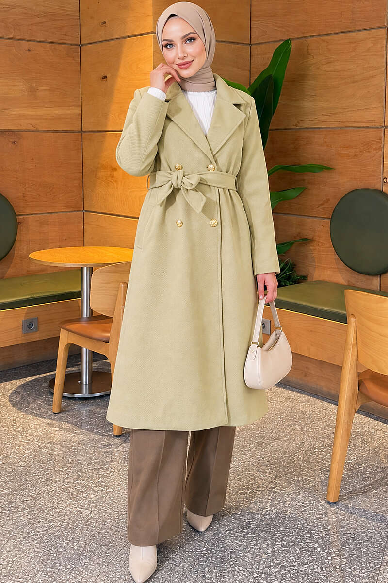 Belted Felt Coat with Gold Buttons - Mint