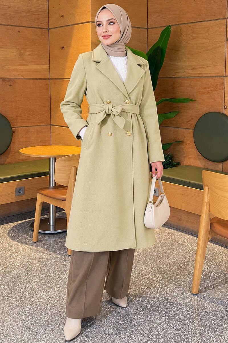 Belted Felt Coat with Gold Buttons - Mint