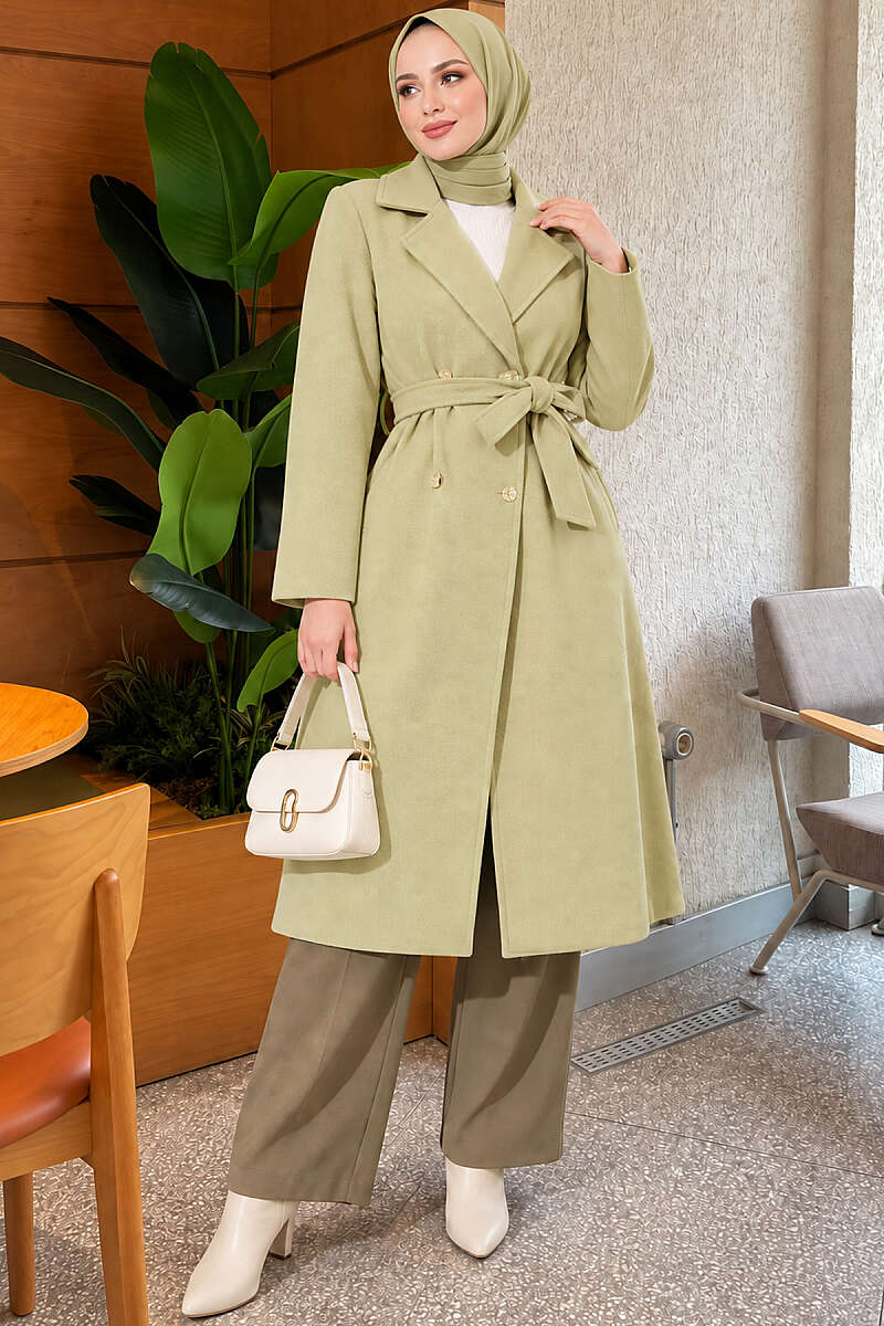 Belted Felt Coat with Gold Buttons - Aqua Green