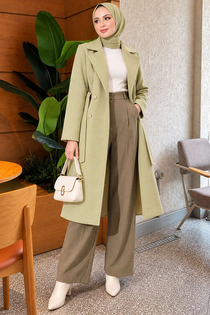 Belted Felt Coat with Gold Buttons - Aqua Green