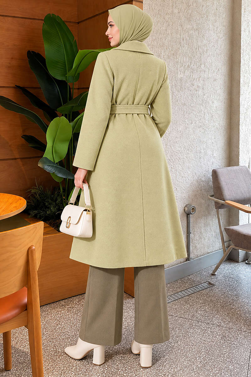 Belted Felt Coat with Gold Buttons - Aqua Green