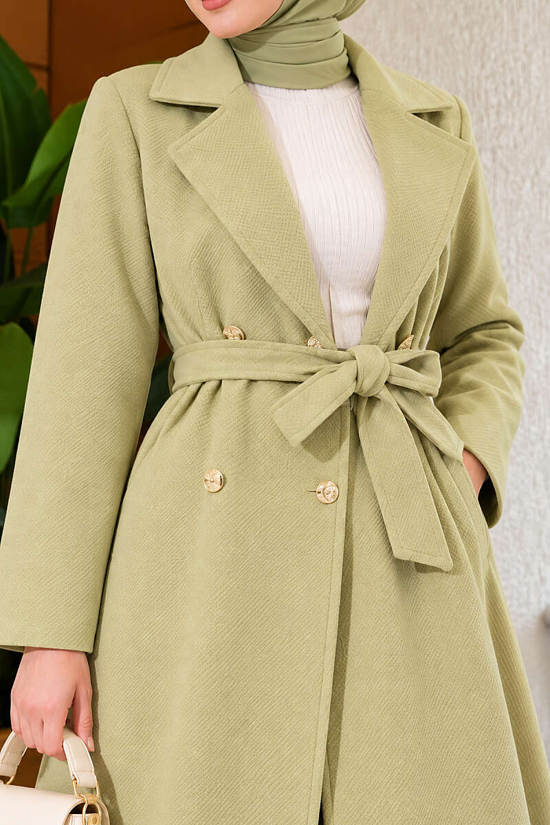 Belted Felt Coat with Gold Buttons - Aqua Green