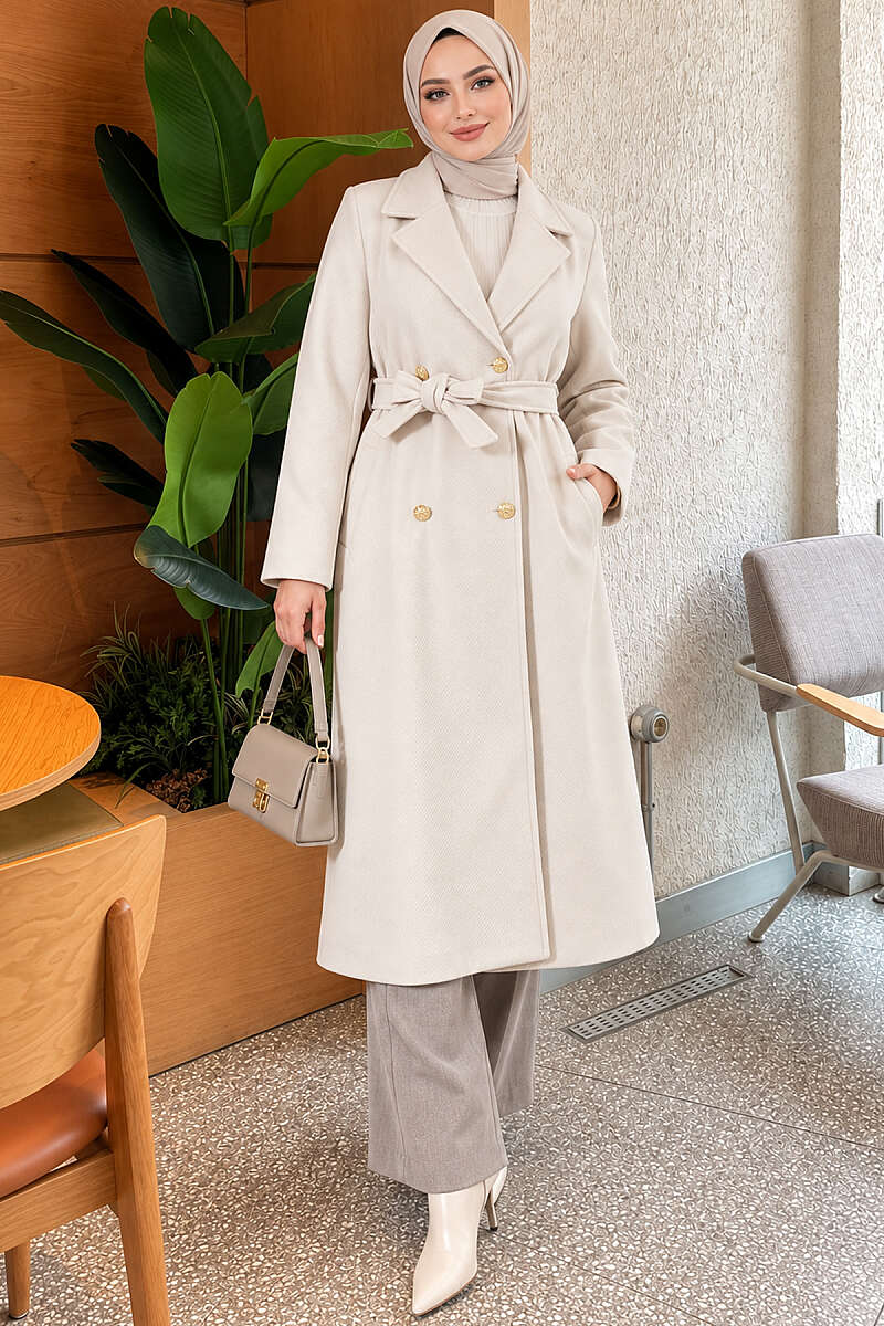 Belted Felt Coat with Gold Buttons - Stone