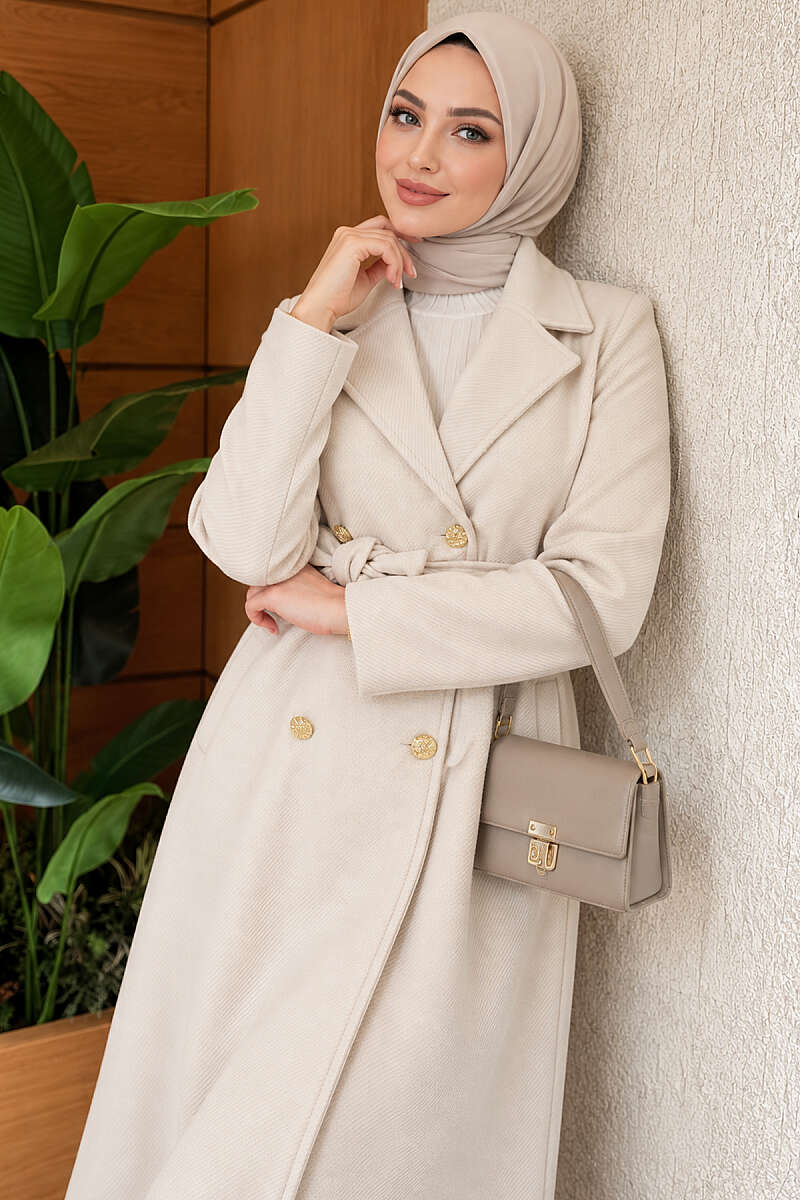 Belted Felt Coat with Gold Buttons - Stone