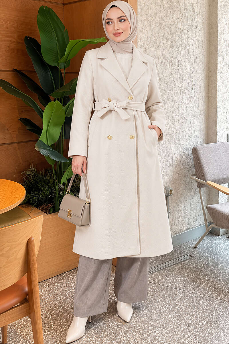 Belted Felt Coat with Gold Buttons - Stone