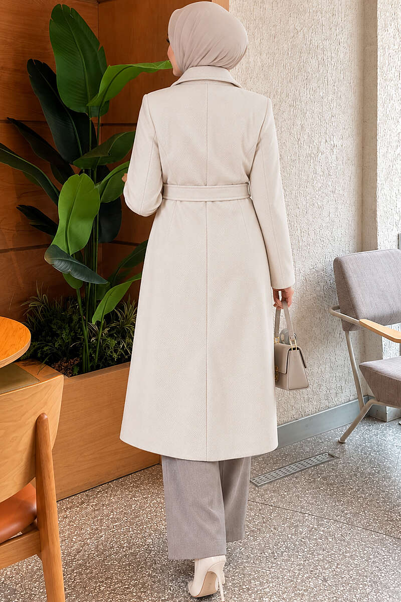 Belted Felt Coat with Gold Buttons - Stone