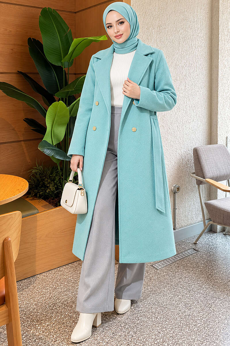 Belted Felt Coat with Gold Buttons - Turquoise