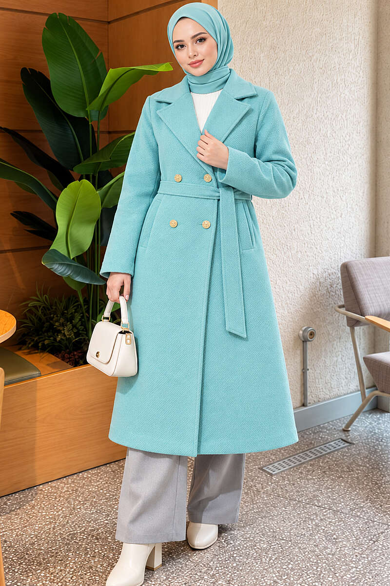 Belted Felt Coat with Gold Buttons - Turquoise