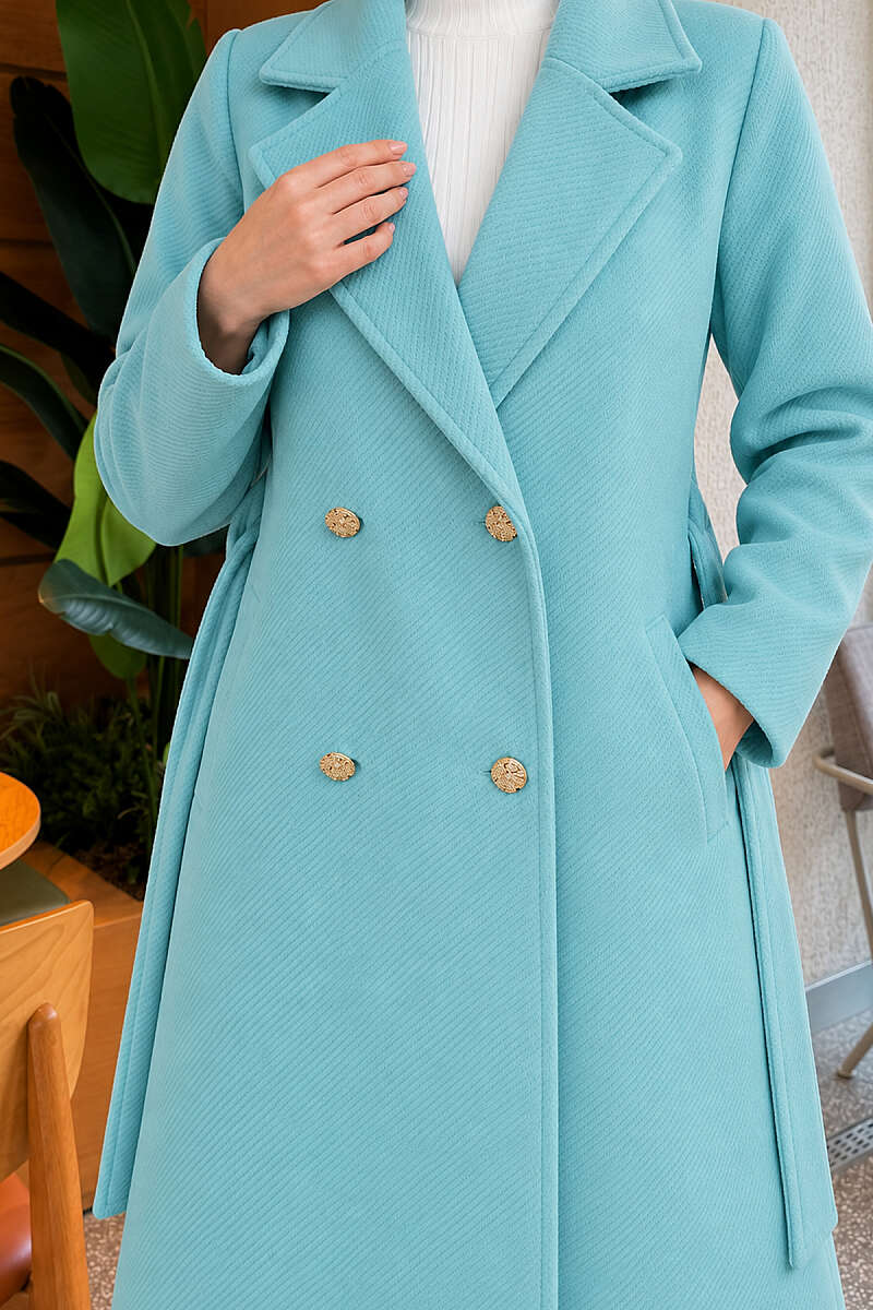 Belted Felt Coat with Gold Buttons - Turquoise