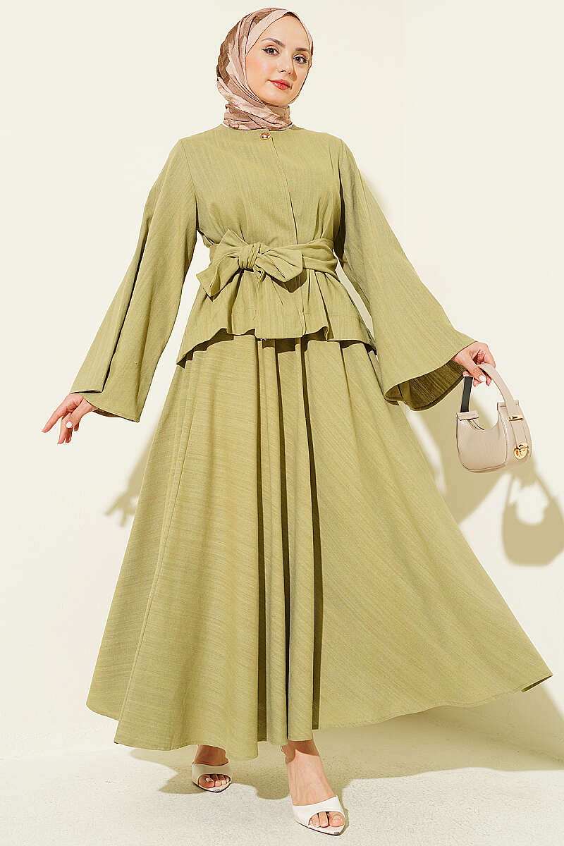 Belted Linen Skirt Set with Gold Buttons - Khaki