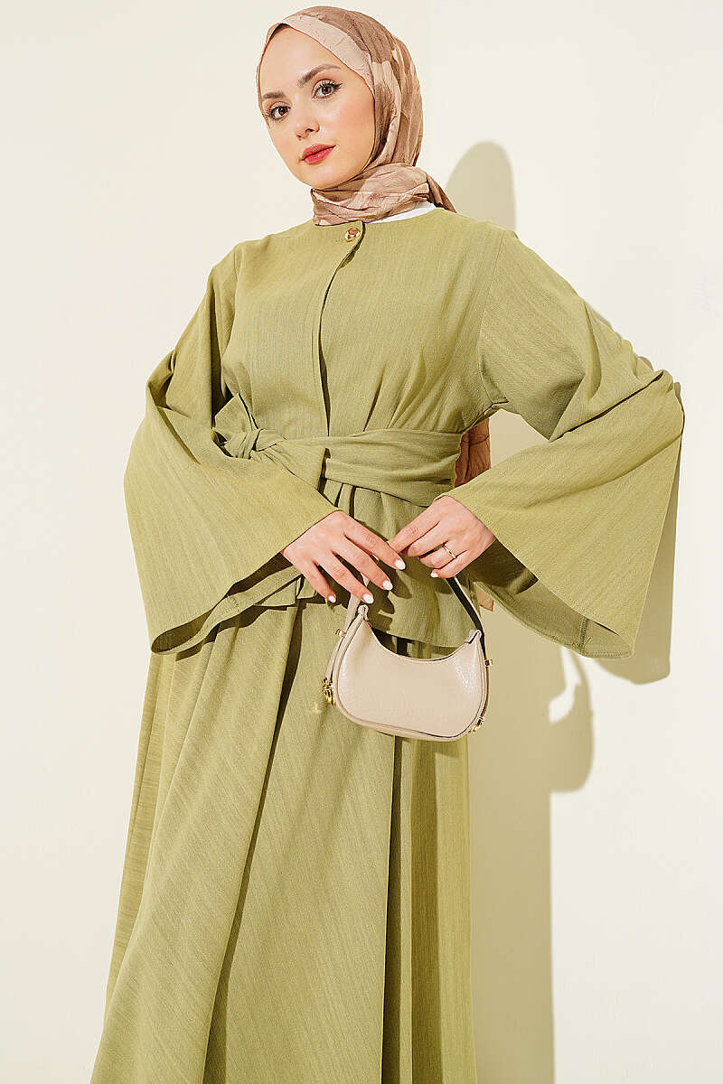 Belted Linen Skirt Set with Gold Buttons - Khaki